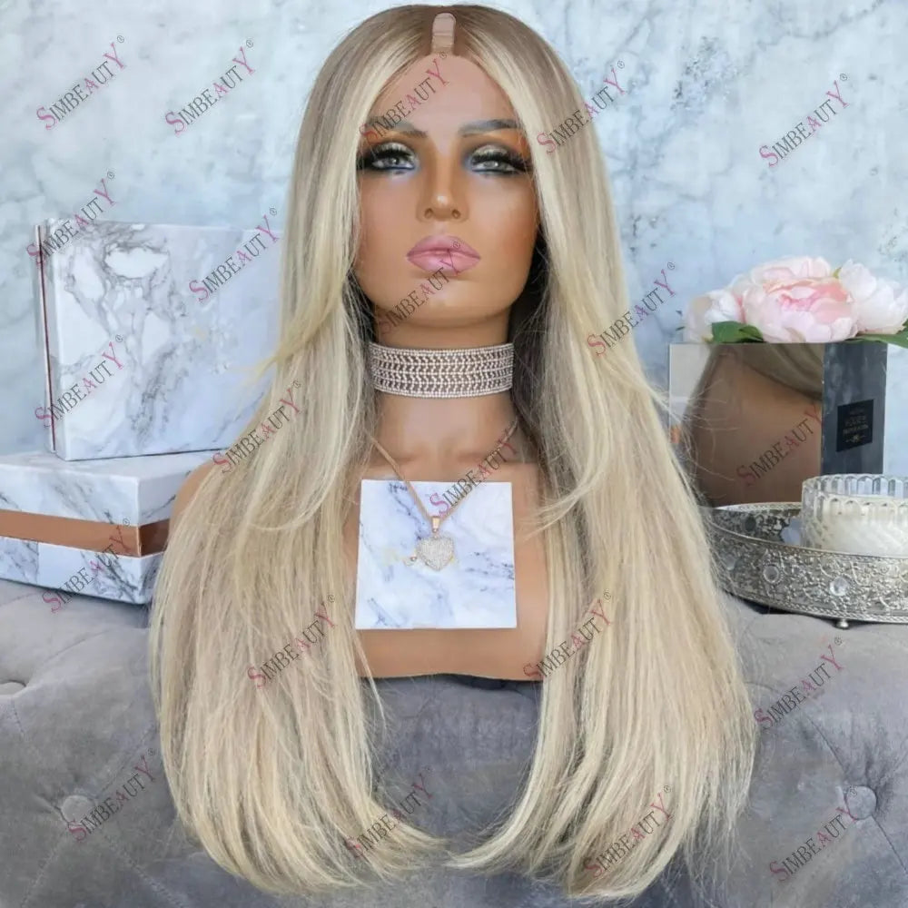 Ash Blonde Ombre Glueless V Part Wig Human Hair for Women Easy Wear Dark Golden Roots 1x4 U Part Wigs 100% Virgin Brazilian Hair