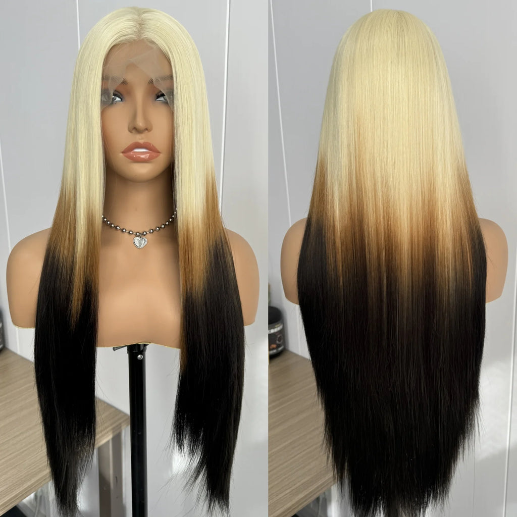 Ombre Wigs for Women Long Silky Straight Synthetic Hair Free Part Yaki Highlight Ombre Green Two Tones 13X4 Lace Glueless Wig
