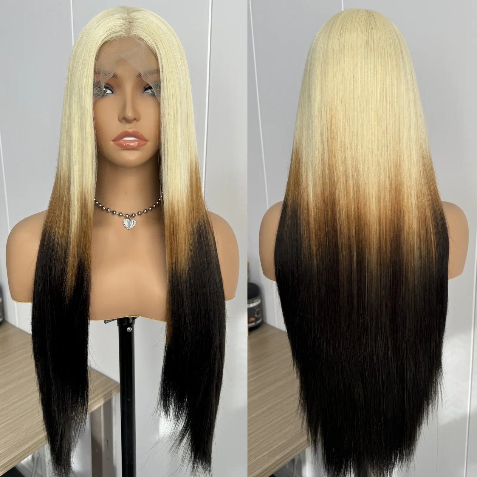 Ombre Wigs for Women Long Silky Straight Synthetic Hair Free Part Yaki Highlight Ombre Green Two Tones 13X4 Lace Glueless Wig