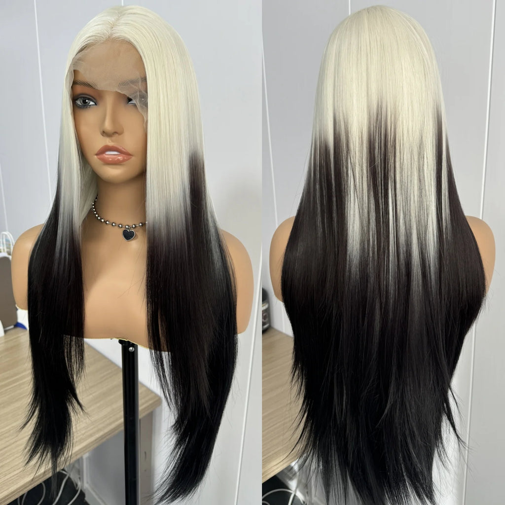 Ombre Wigs for Women Long Silky Straight Synthetic Hair Free Part Yaki Highlight Ombre Green Two Tones 13X4 Lace Glueless Wig
