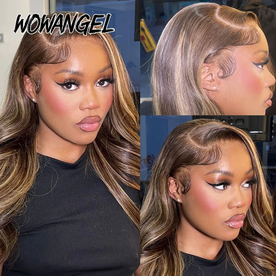 Wow Angel 250% 13x4 HD Lace Frontal Wigs Body Wave Highlight Wig Pre Plucked Melt Skin Full Lace Frontal Wig HD Lace Closure Wig