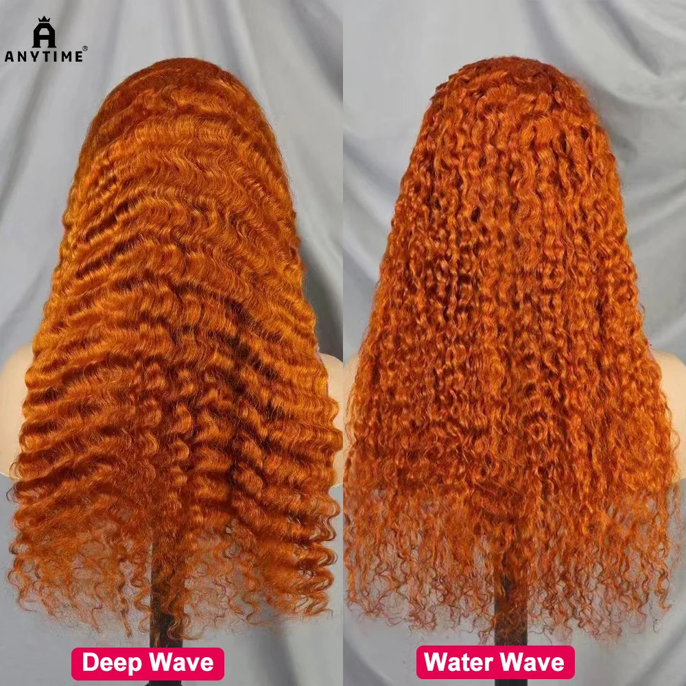 Water Wave Deep Wave Curly 100% Human Hair Wig  200% Density 22 inches Ginger 350# Color 13x4 Transparent Lace Frontal Hair Wig