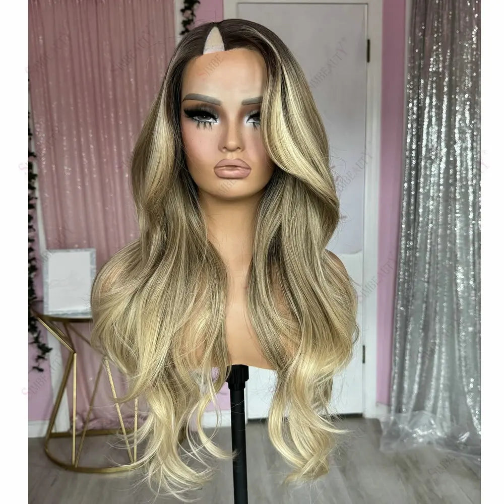 Dark Roots Balayage V Part Wig Human Hair for Women Loose Wave Ash Blonde Hightlight Glueless 1x4 Size U Part Wigs With Clips