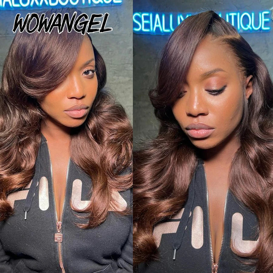Wow Angel Chocolate Brown Glueless Wig 5x5 HD Lace Closure Body Wave Wigs Human Hair Wig Natural Scalp Melt Skins Wear To Go Wig