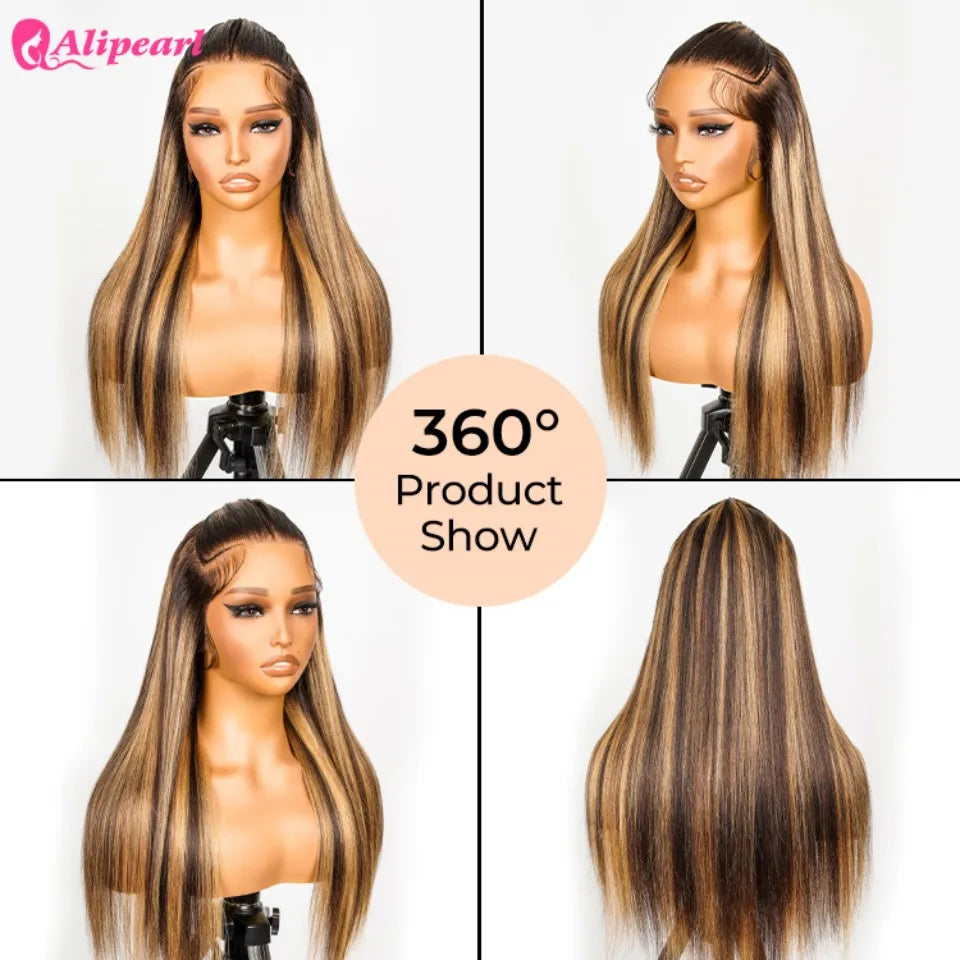 Alipearl Hair Highlight Ombre Colored 3 Part Pre Braided Wig 13x4 Lace Frontal Wig Straight Stylist Wig Pre Cut Wig