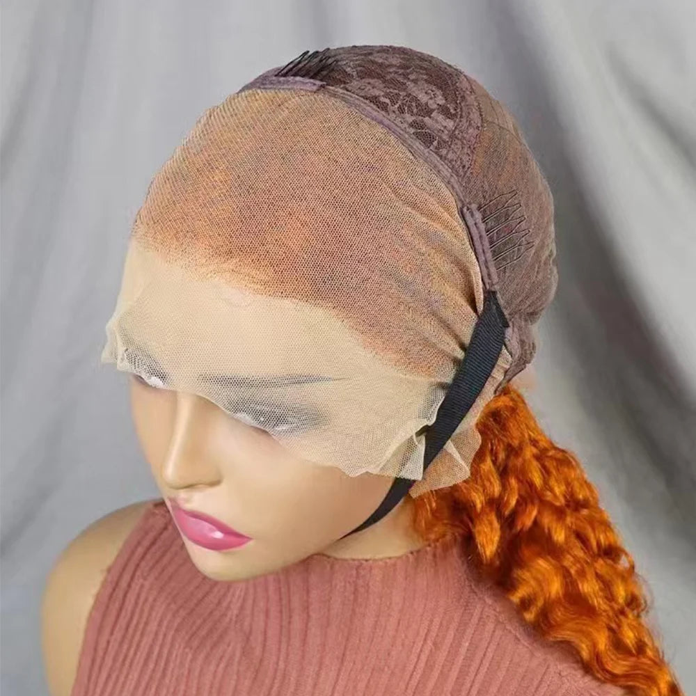 Water Wave Deep Wave Curly 100% Human Hair Wig  200% Density 22 inches Ginger 350# Color 13x4 Transparent Lace Frontal Hair Wig