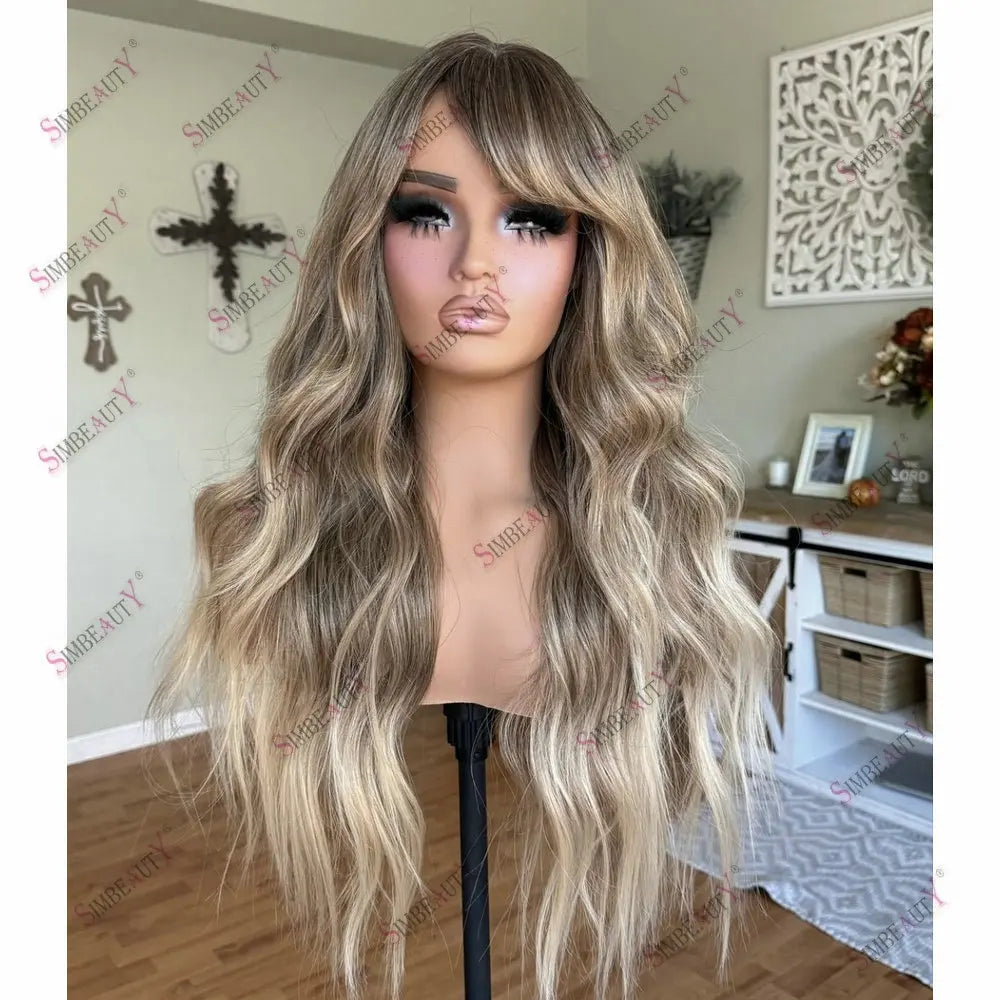 Transparent Lace Full Lace Wig Human Hair Ombre Light Browm Ash Blonde With Bangs 13*6 Lace Frontal Wigs for Women European Hair