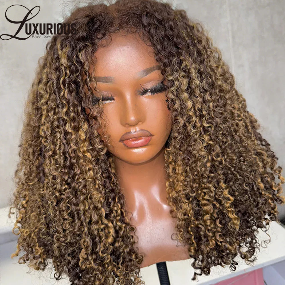 Highlight Ombre Honey Blonde Human Hair Wig With 4c Edges 13x4 Bouncy Curly Lace Front Wig Human Hair Afro Curly Wig 250 Density