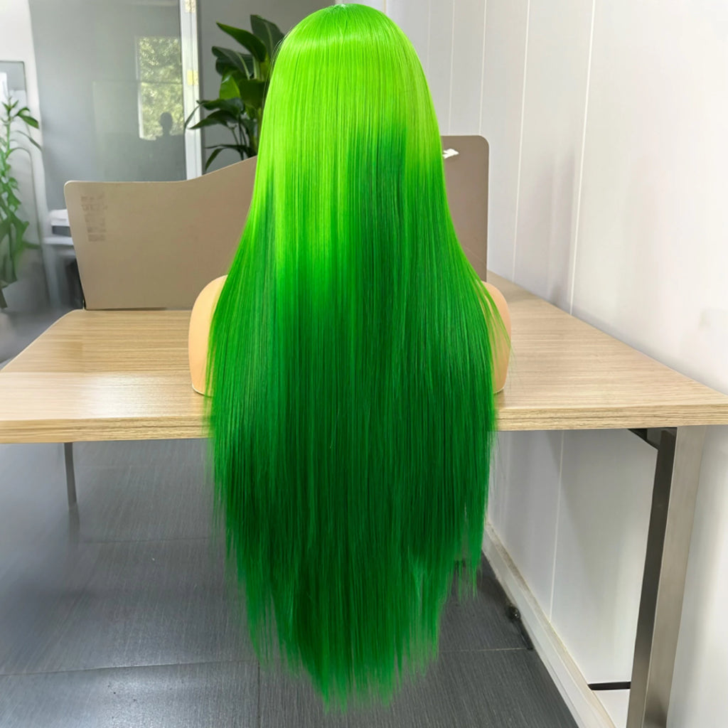 Ombre Wigs for Women Long Silky Straight Synthetic Hair Free Part Yaki Highlight Ombre Green Two Tones 13X4 Lace Glueless Wig