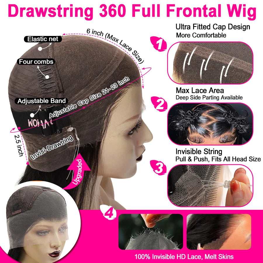 Hidden Strap Body Wave 360 HD Lace Frontal Wigs Human Hair Pre Plucked Glueless Brazilian Virgin Full Lace Wig With Drawstring