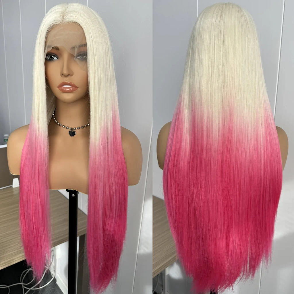 Ombre Wigs for Women Long Silky Straight Synthetic Hair Free Part Yaki Highlight Ombre Green Two Tones 13X4 Lace Glueless Wig