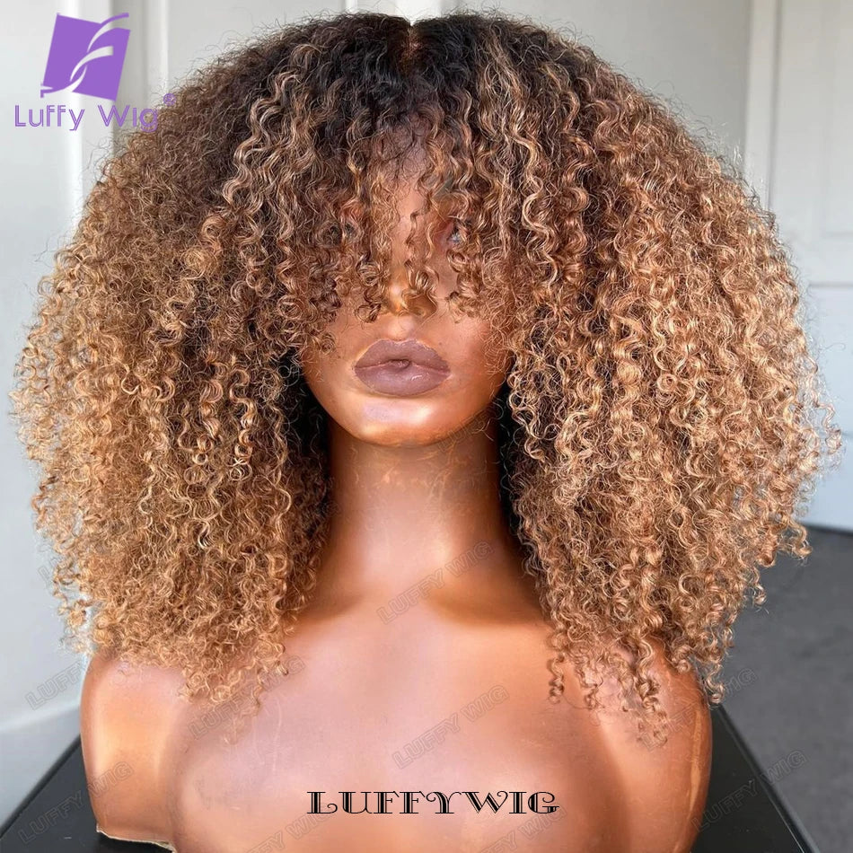 Ombre Afro Kinky Curly Wigs Human Hair with Bangs Brazilian Blonde Wig Scalp Top Full Machine Made Human Hair Wigs for Women
