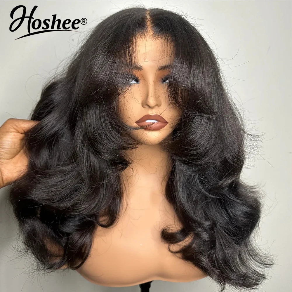 Glueless Layered Curtain Bangs Wig Human Hair Wear&Go 13x4 Lace Front Human Hair Wigs For Black Women 4x4 Lace Closure Wig 250%