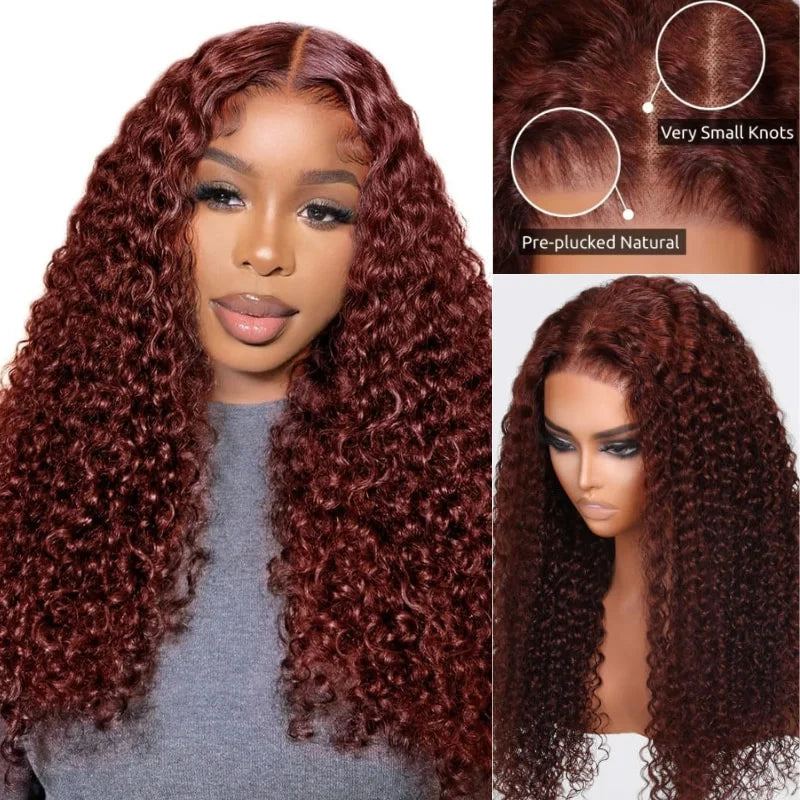 Ｎadula Hair Reddish Brown Dark Auburn Color 7x5 Pre Cut Lace Bye Bye Knots Wig 150% Density  Curly Hair With Breathable Cap