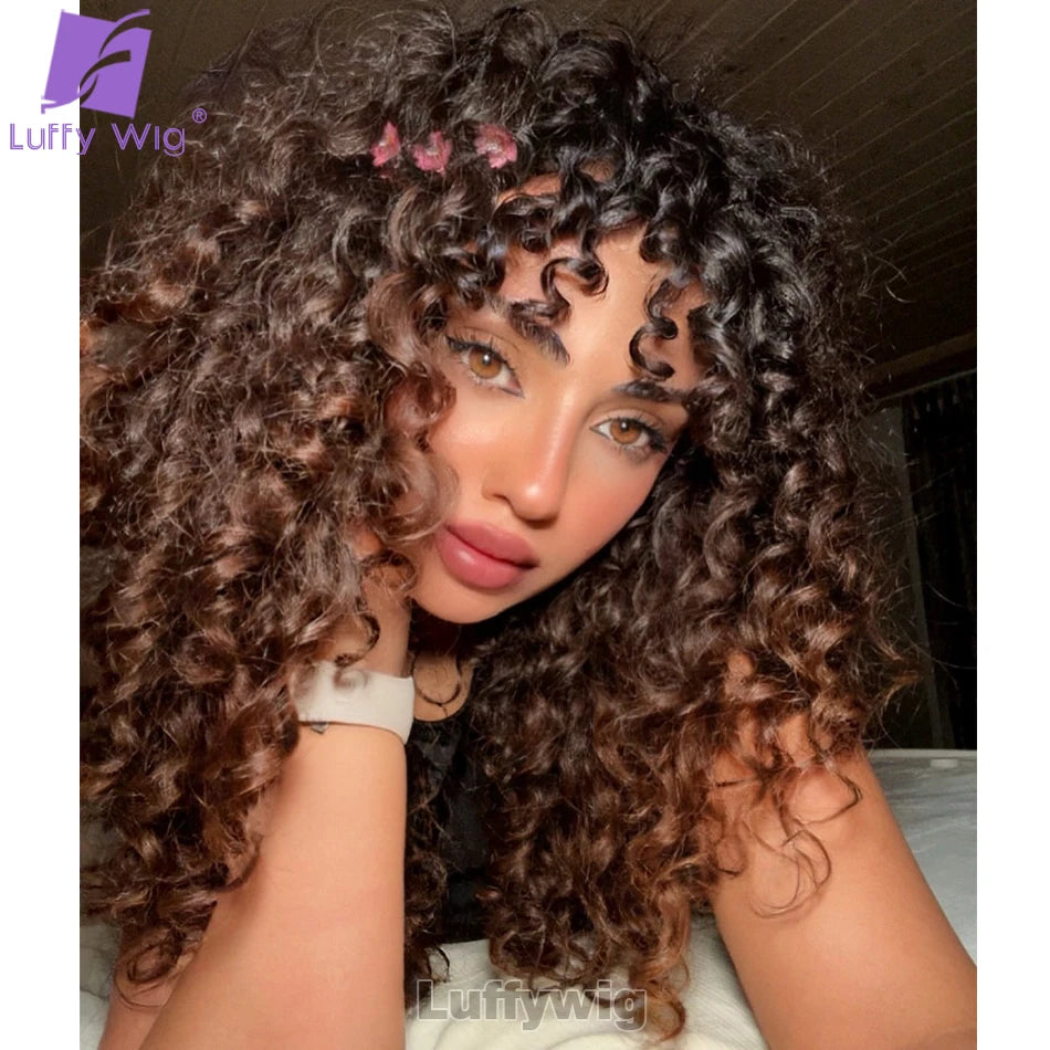 Ombre Colored Curly Human Hair Wigs with Bangs Glueless Full Machine Made Scalp Top Wig Brazilian Remy Hair Fringe Wig for Women