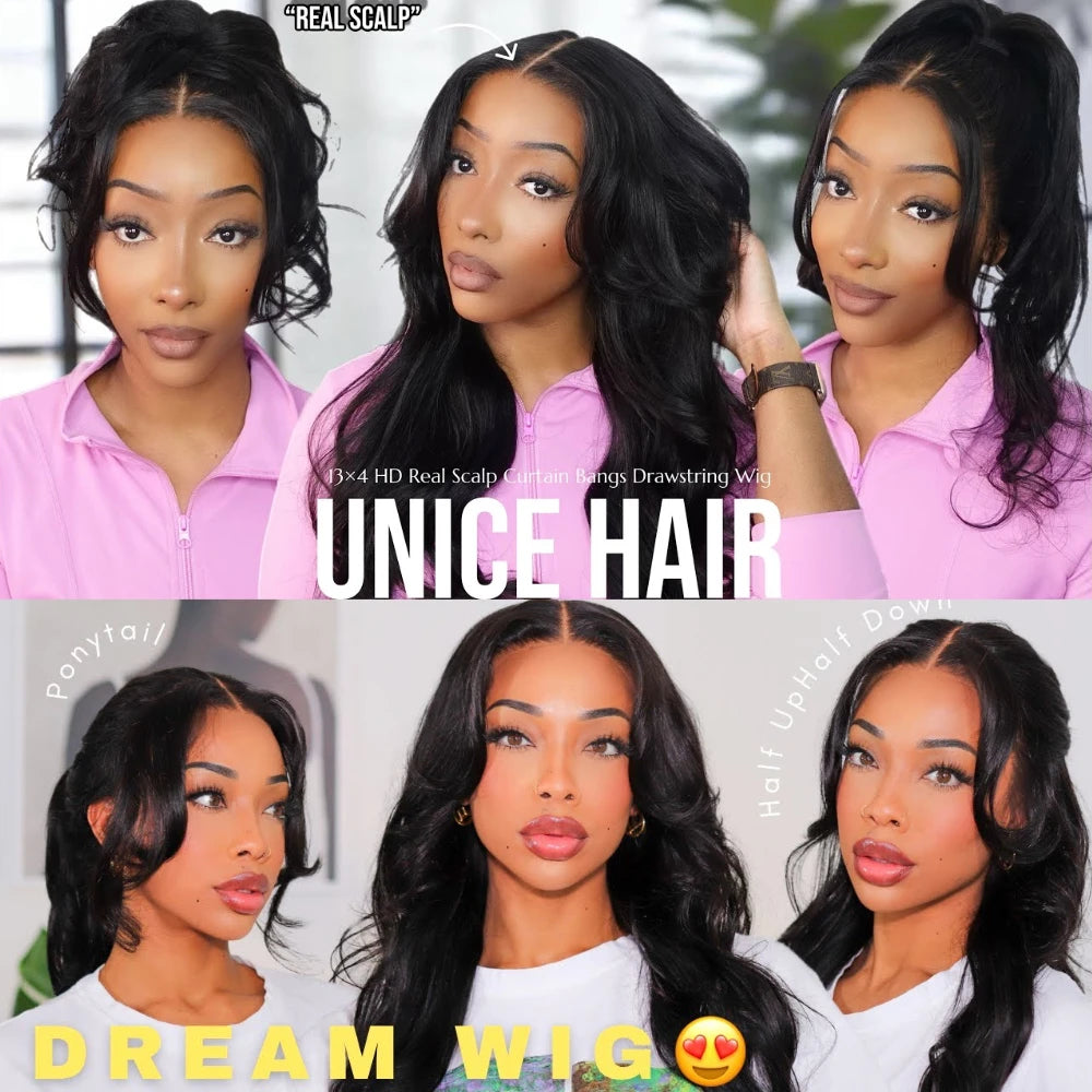 UNice 13x4 HD Real Scalp Loose Wave Wig With Face Framing Curtain Bangs Pre Cut Pre Bleached Glueless Human Hair Wigs