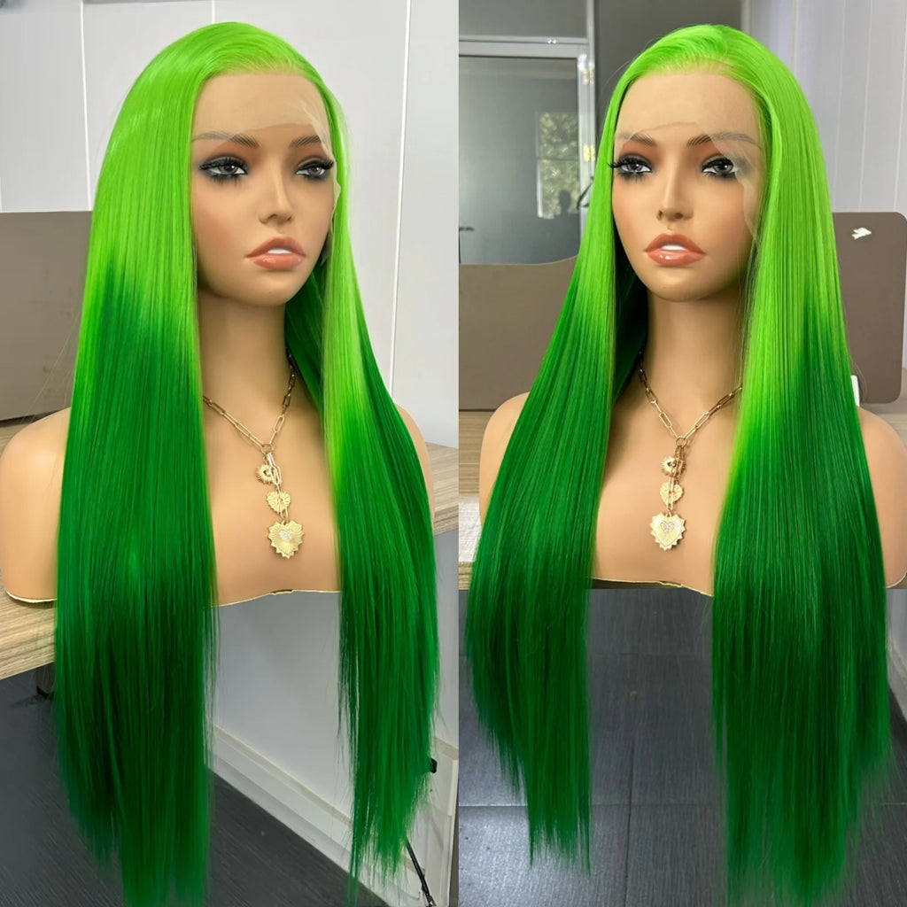 Ombre Wigs for Women Long Silky Straight Synthetic Hair Free Part Yaki Highlight Ombre Green Two Tones 13X4 Lace Glueless Wig