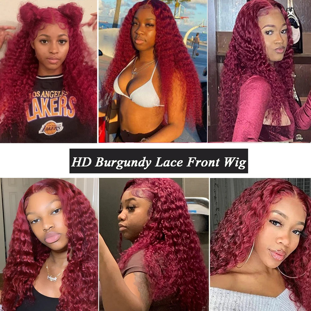 Burgundy Human Hair Lace Frontal Wigs Colored 99j Red Wig For Women Brazilian 13x4 Deep Wave 30 Inch Water Wave Lace Front Wig