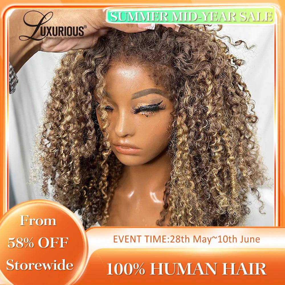 Highlight Ombre Honey Blonde Human Hair Wig With 4c Edges 13x4 Bouncy Curly Lace Front Wig Human Hair Afro Curly Wig 250 Density