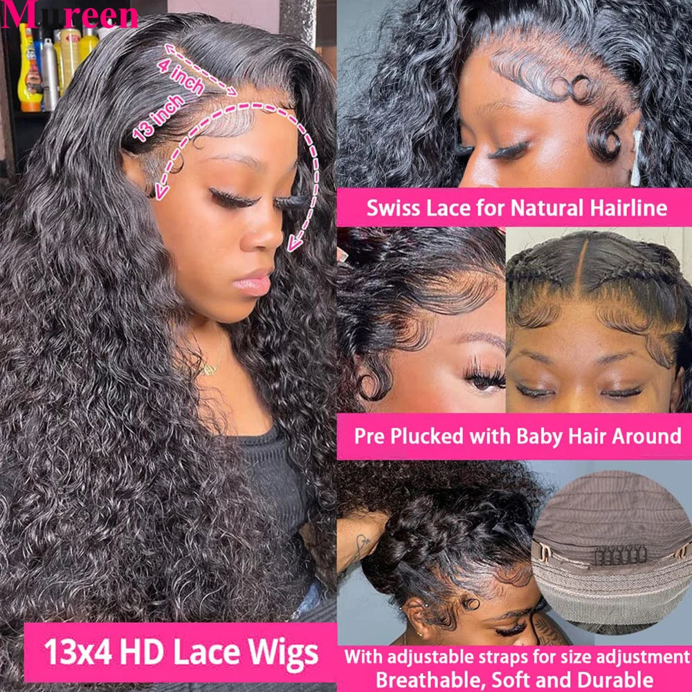 250% Density Deep Wave 13x6 Lace Front Wigs Human Hair Pre Plucked Water Wave Curly 13x4 Lace Frontal Wigs Human Hair for Women