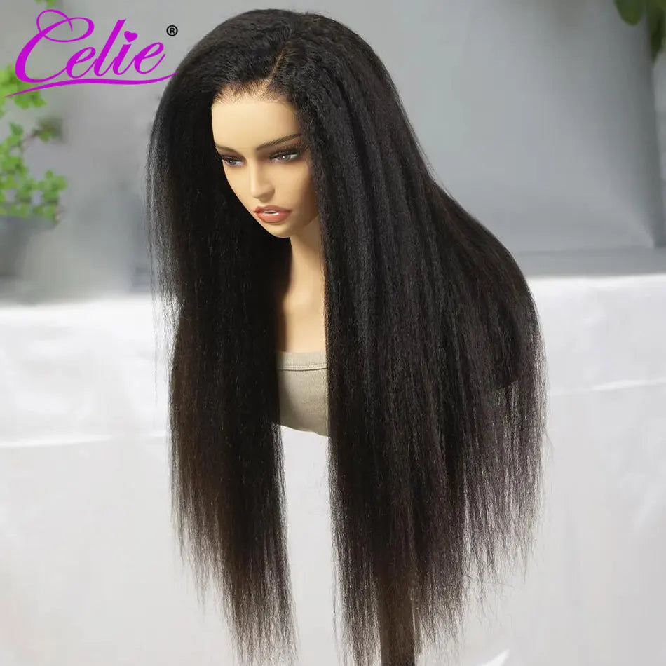 Celie Pre-bleached Knots Kinky Straight HD Lace Closure Wig 6×5 Pre-cut Lace Glueless Wig Wear & Go Pre Plucked Human Hair Wigs