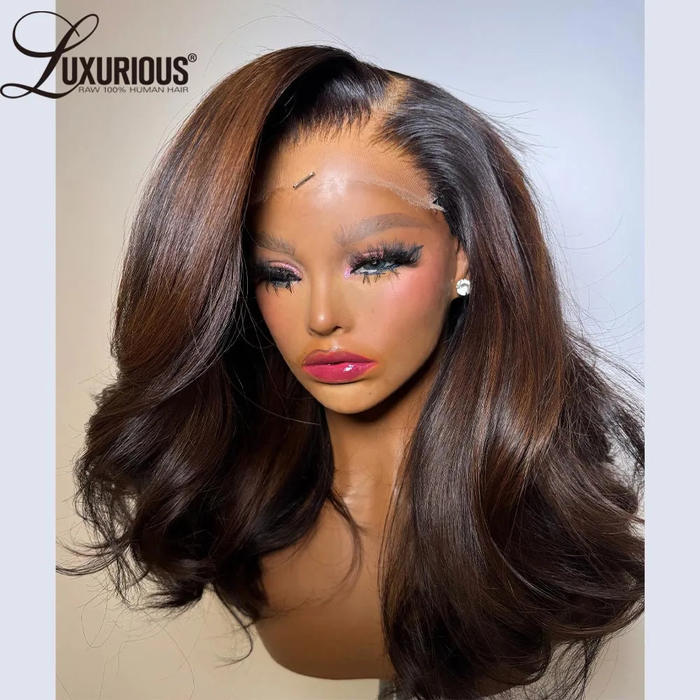 Glueless Wear And Go Ombre Brown Layered  Human Hair Wigs For Women Blow-Out Looks Wave 13x4 Lace Wig 100% Brazilian Human Hair
