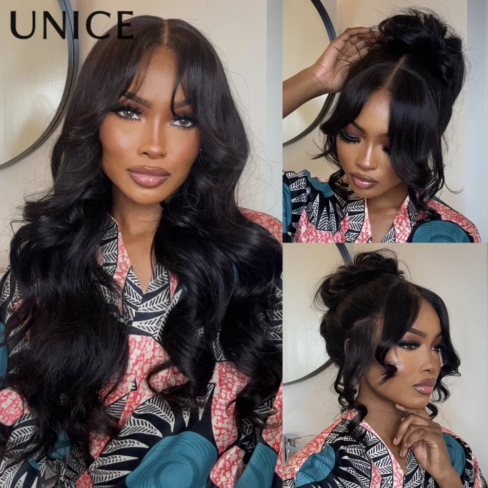 UNice 13x4 HD Real Scalp Loose Wave Wig With Face Framing Curtain Bangs Pre Cut Pre Bleached Glueless Human Hair Wigs