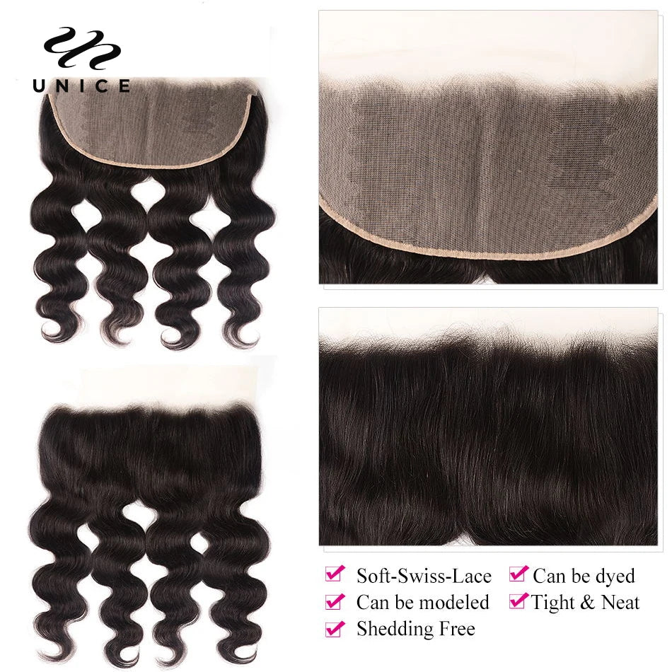 Unice Hair Body Wave Human Hair Bundles 3/4 PCS With 13x4 Lace Frontal Free Part 100% Human Hair Make 250% Density Wig
