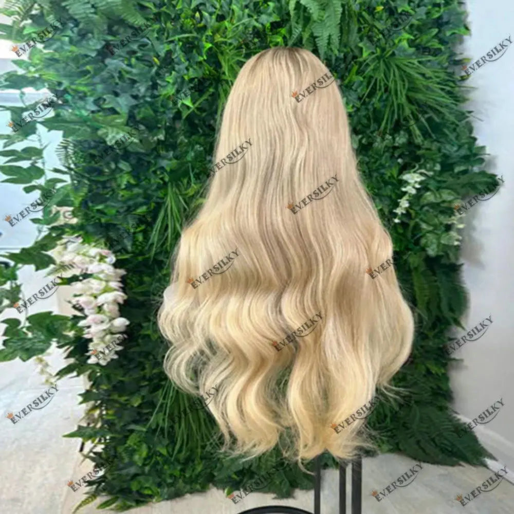 U Part Wig Human Hair Slightly Wavy Rooted Light Golden Blonde for Women Easy Wear1*4Size V Part Wig Human Hair Remy Indian Hair