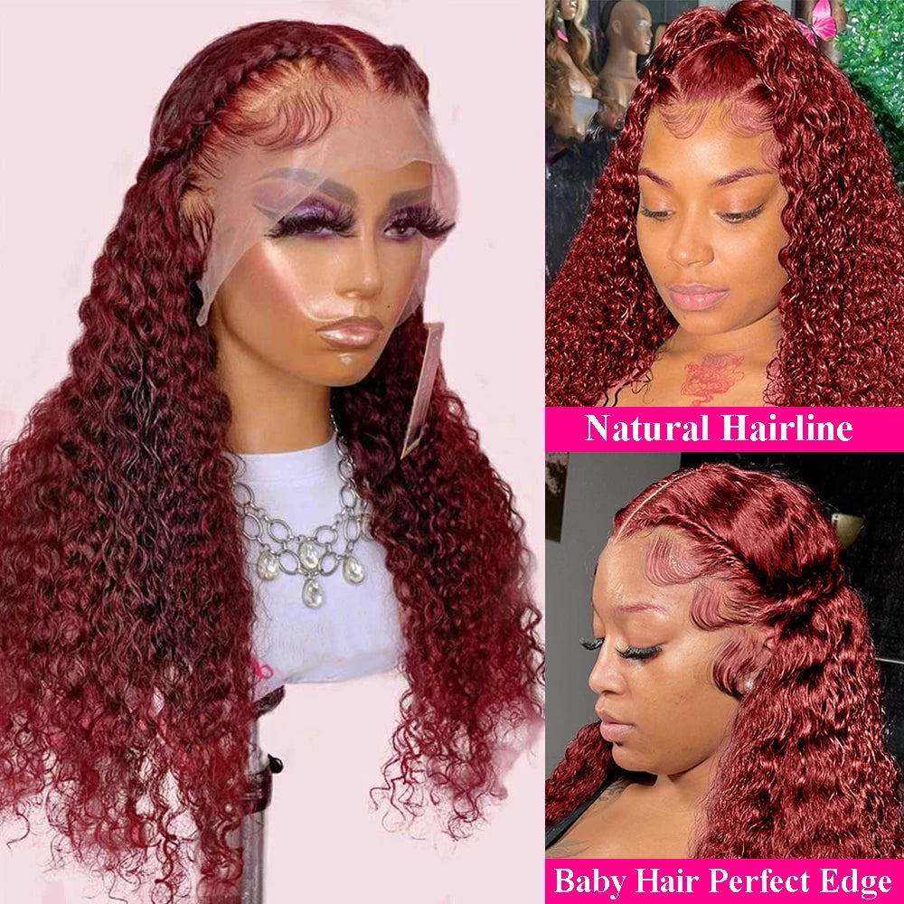 Burgundy Human Hair Lace Frontal Wigs Colored 99j Red Wig For Women Brazilian 13x4 Deep Wave 30 Inch Water Wave Lace Front Wig