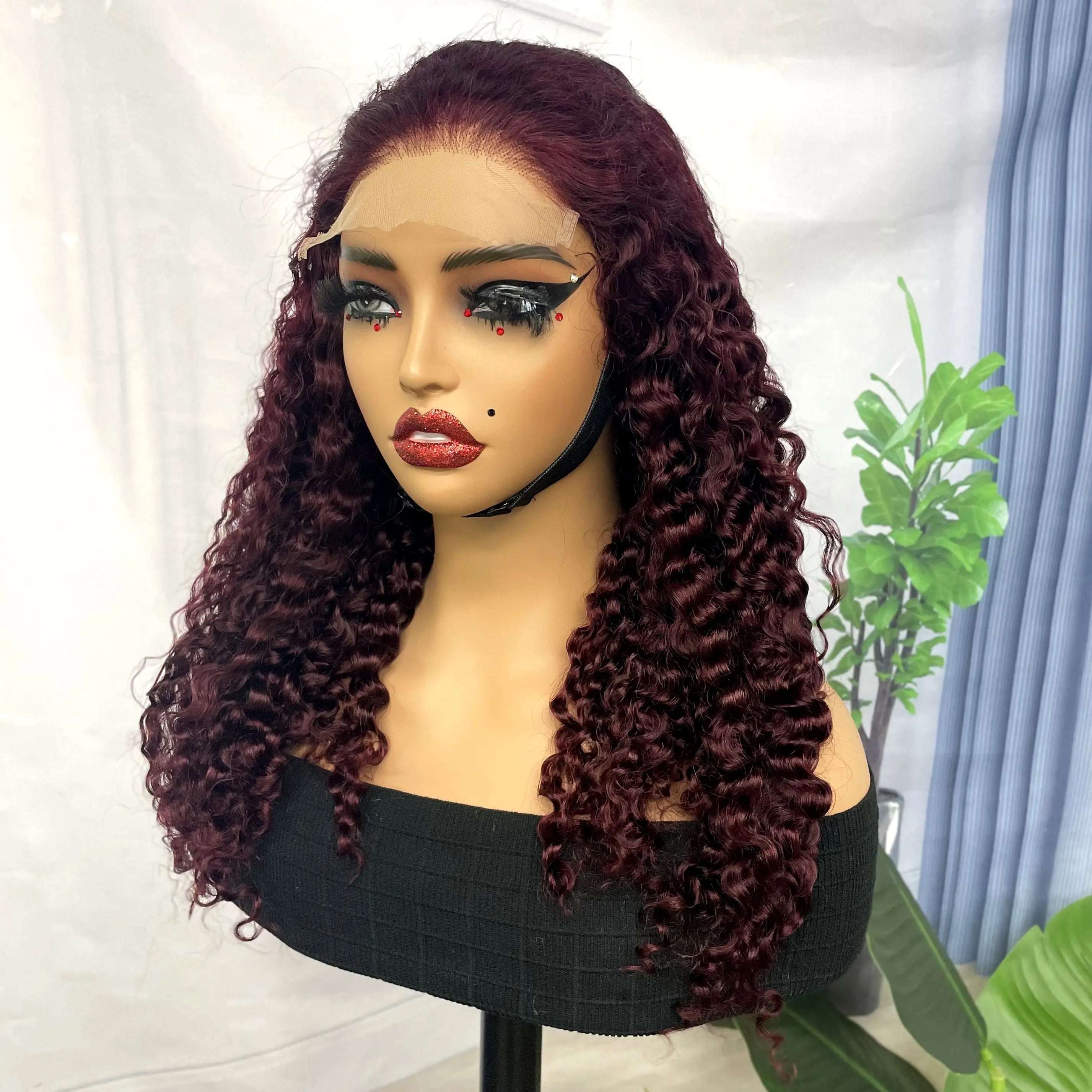 300% Density 99J# Burgundy Burmese Bouncy Curly Human Hair Wigs 5x5 Lace Closure Pixie Curly Wig for Women PrePlucked Remy Hair