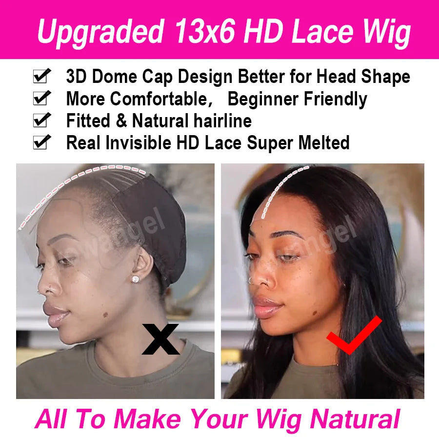 Wow Angel 250% 13x6 HD Lace Frontal Wig Straight Ultra-Fitted HD Transparent Lace Front Human Hair Wigs Melt Skins For Women