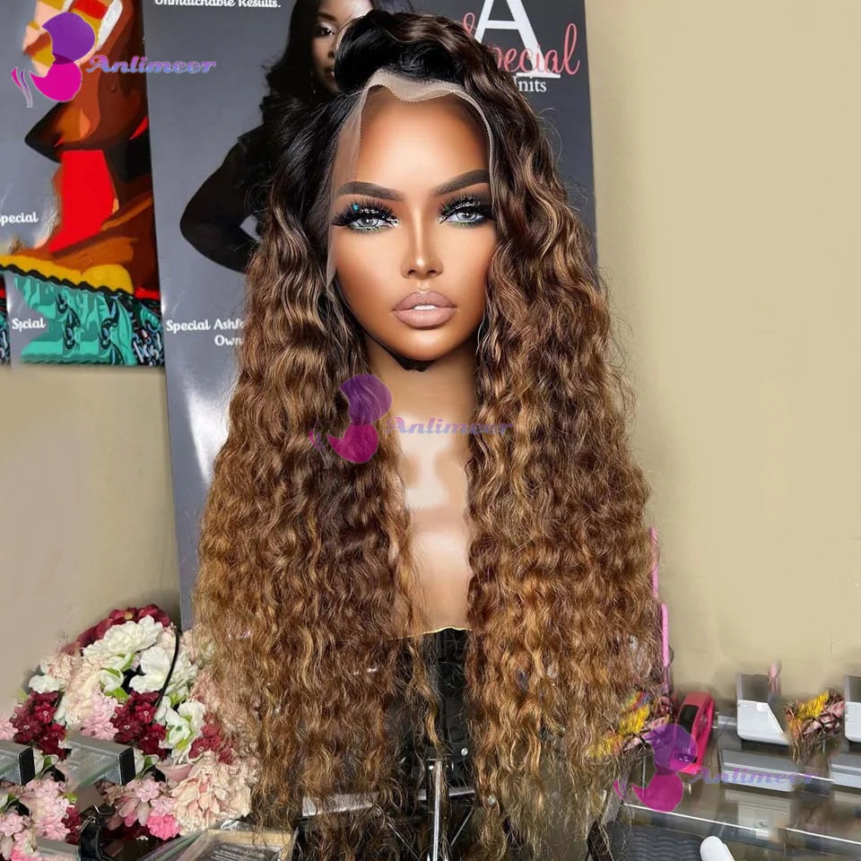 #4T27 Transparent Silk Top Lace Frontal Curly Human Hair Wigs Highlights Honey Blonde Pre Plucked 4x4 Lace Closure Wig For Women
