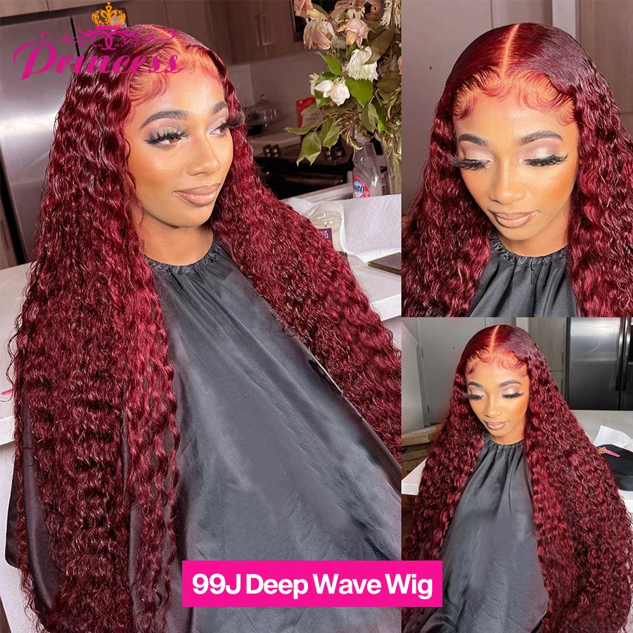 Princess Hair 99J Lace Front Human Hair Wig 13x4/13x6 HD Transparent Burgundy Deep Wave Lace Frontal Wig For Black Women
