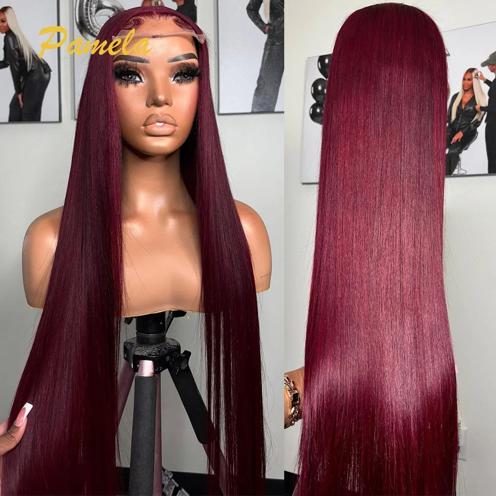 Super Double Drawn Burgundy Colored Glueless Wig Ready To Wear 13x6 Bone Straight Transparent 30inch Lace Front Human Hair Wigs