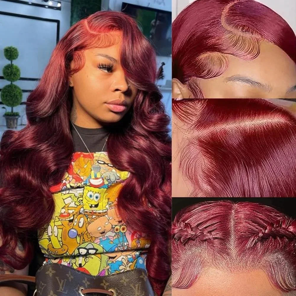 Bleached Burgundy 13x4 Tranparent Lace Front Human Hair Wigs Red Colored 99j Body Wave Lace Frontal Wig Pre Plucked 180%