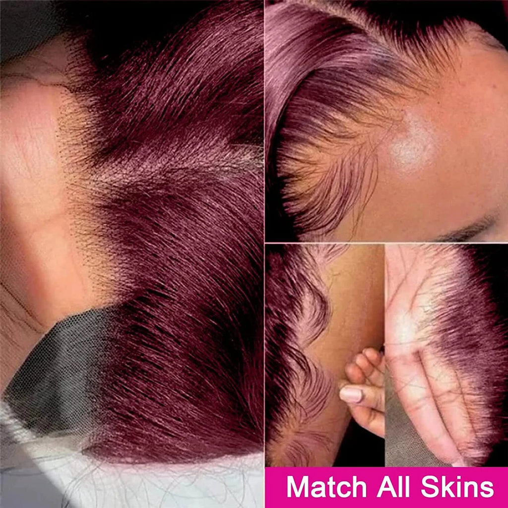 Bleached Burgundy 13x4 Tranparent Lace Front Human Hair Wigs Red Colored 99j Body Wave Lace Frontal Wig Pre Plucked 180%