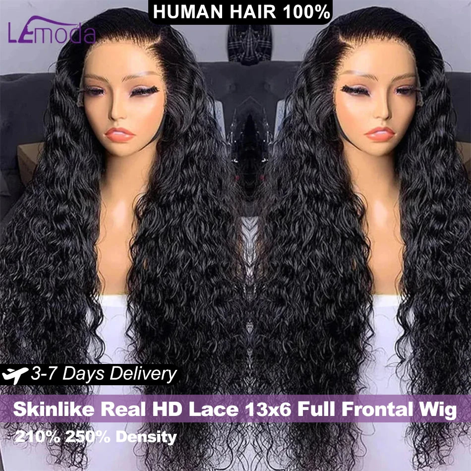 Lemoda 12A Full 13x6 Water Wave Lace Frontal Virgin Human Hair Wigs 250 Density Skinlike Real HD 13x6 Full Frontal Wig For Women