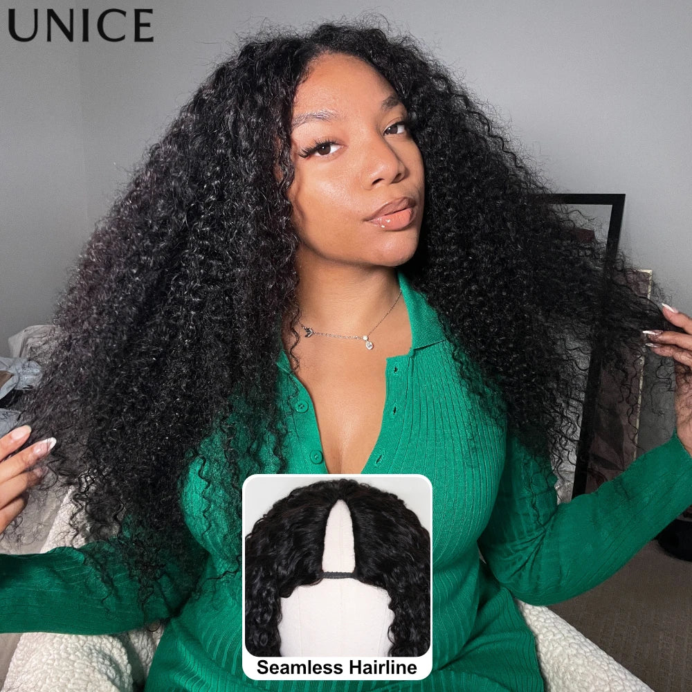 UNice Burmese Curly V Part Wig With Drawstring Clip-In Human Hair Wigs 180% Density No Glue Minimal Leave-out