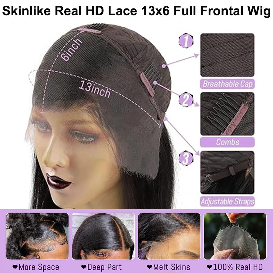 SKINLIKE Real HD Lace 13x6 Frontal Wig Straight Virgin Human Hair Invisible 0.1mm Ultra-thin HD Lace Pre Plucked 180 Density 12A