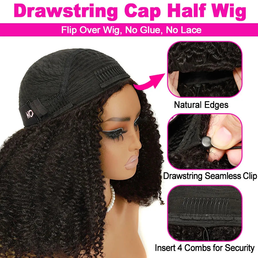 Burmese Curly Flip Over Wigs 3 In 1 Wear Go Glueless Half Wig Human Hair with Drawstring Spiral End Seamless 250% Curly Hair