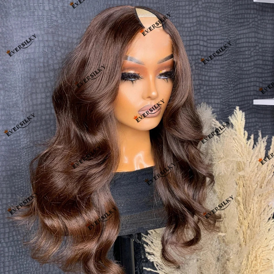 Chocolate Brown 100% Human Hair Cheap Machine Made 1x4 V Part Wig for Black Women Soft Remy Indian Hair U Part Wig 200 Density
