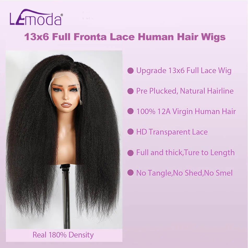 13x6 Full Frontal Human Hair Wig Kinky Straight Wig Transparent Lace PrePlucked Full 13x6 Lace 12A Virgin Human Hair Wigs Lemoda