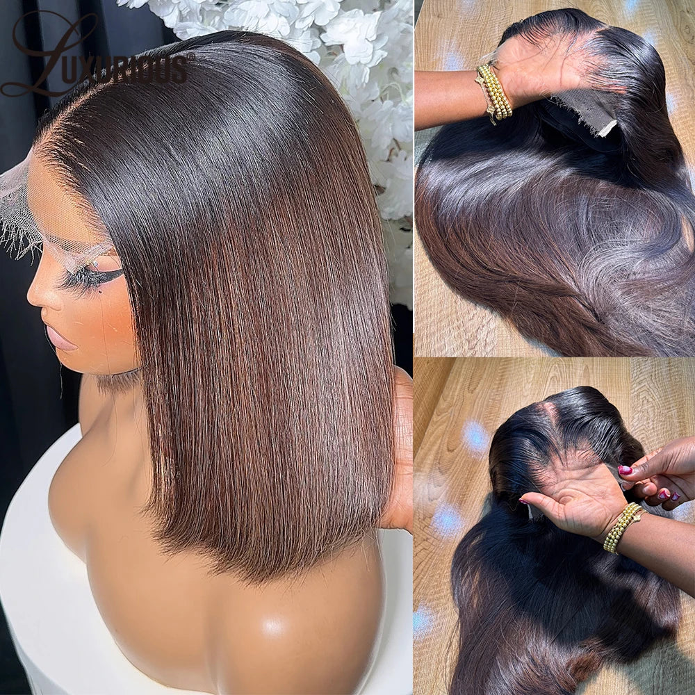 Ombre Dark Brown 4x4 Glueless Lace Closure Blunt Cut Bob Wig Pre Plucked Brazilian Pre Cut Lace Front Human Hair Wigs For Women