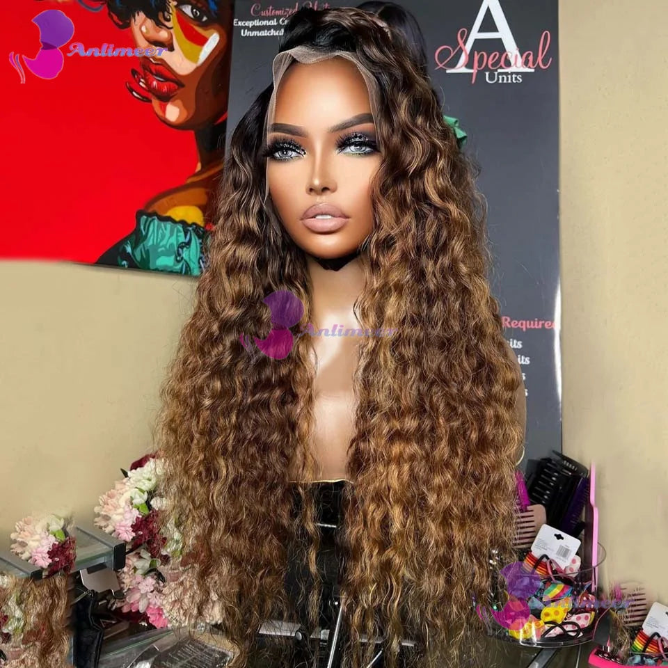 #4T27 Transparent Silk Top Lace Frontal Curly Human Hair Wigs Highlights Honey Blonde Pre Plucked 4x4 Lace Closure Wig For Women