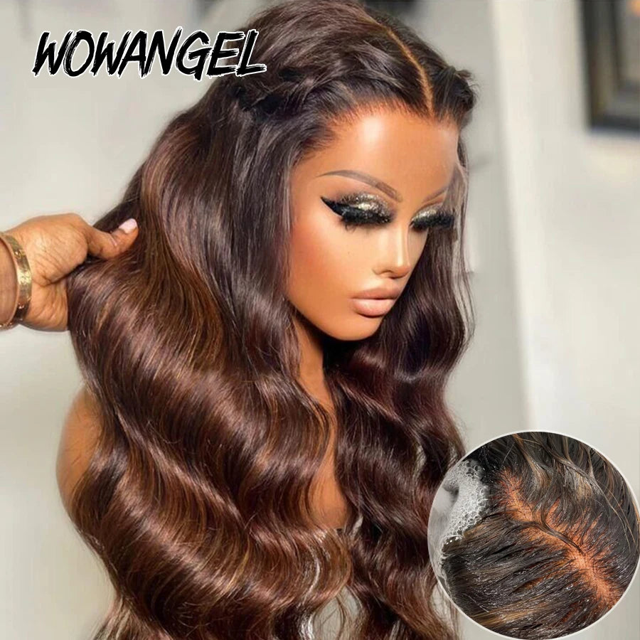 Wowangel Ombre Brown Hair 13x6 HD Lace Front Wig Highlight Wigs Body Wave Human Hair Wigs Melt All Skins Natural Scalp For Woman