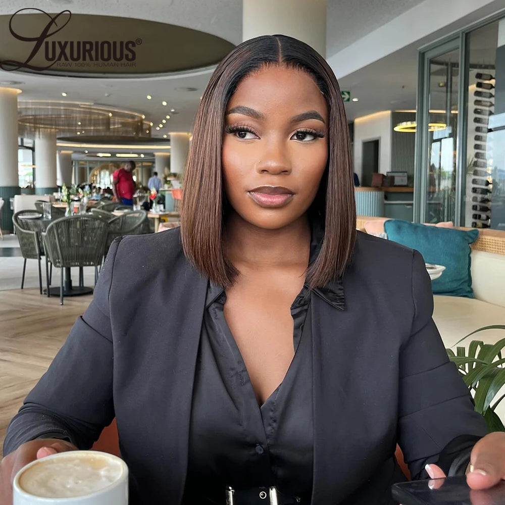 Ombre Dark Brown 4x4 Glueless Lace Closure Blunt Cut Bob Wig Pre Plucked Brazilian Pre Cut Lace Front Human Hair Wigs For Women