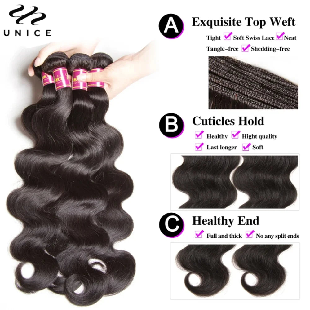 Unice Hair Body Wave Human Hair Bundles 3/4 PCS With 13x4 Lace Frontal Free Part 100% Human Hair Make 250% Density Wig