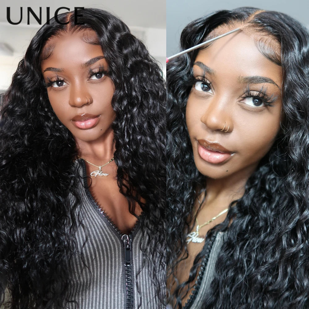 UNice Hair Water Wave 7x5 13x4 Lace Front Wig Human Hair Pre Cut Pre Bleached Wear Go Glueless Wig 150% Density