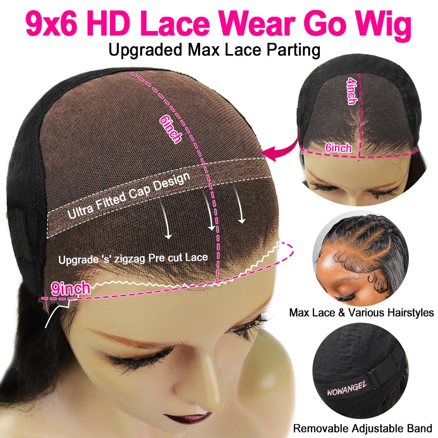 250% Ultra Fitted 9x6 HD Lace Closure Glueless Wigs Pre Cut Lace Ready To Go Human Hair Wigs Body Wave Melt Skins For Women Wig